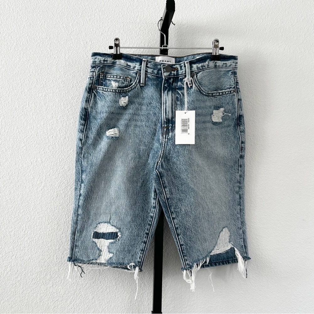 Frame Women Le Beau Bermuda Clash Mend Denim Shorts Rip Distressed, Size 25, NWT